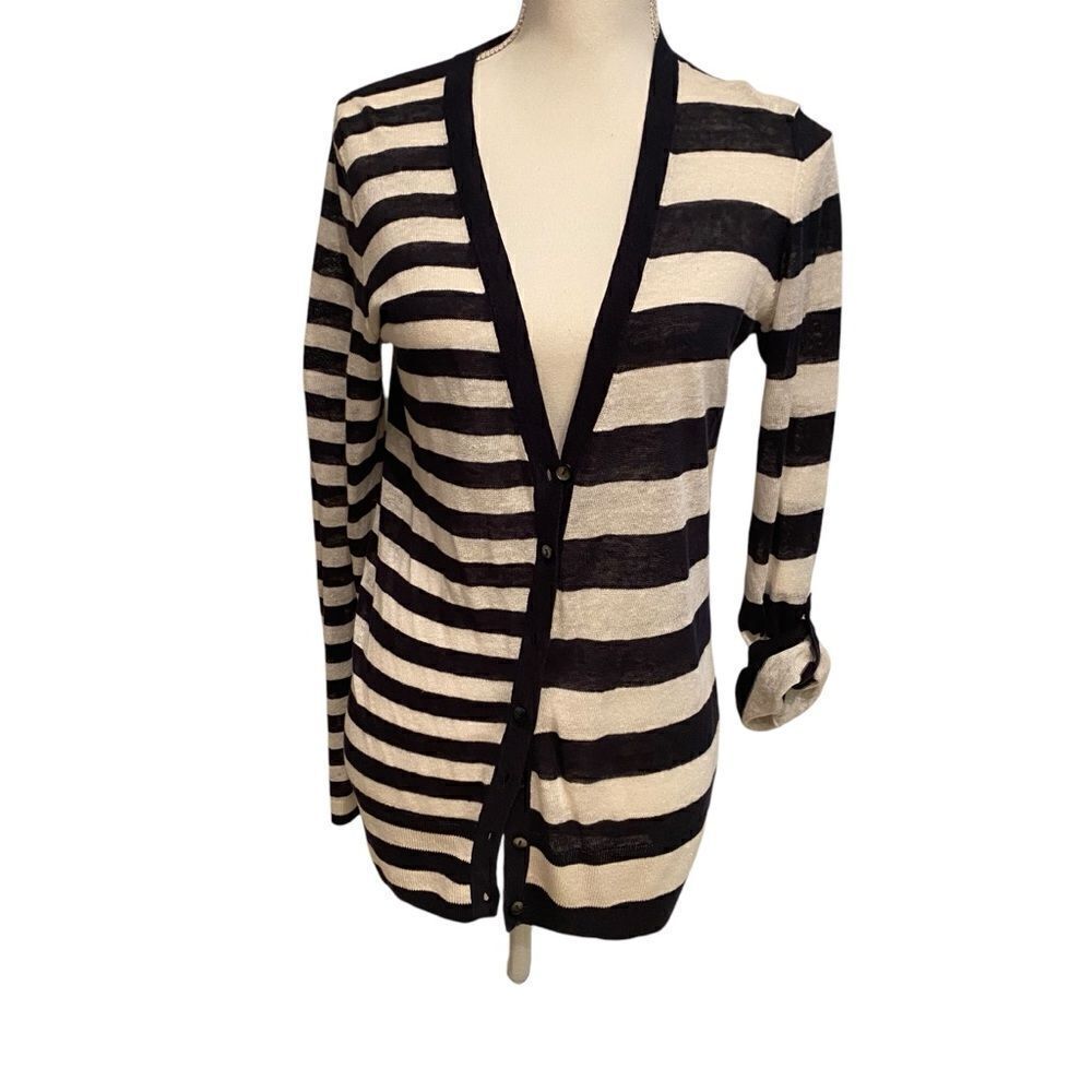 Ann Taylor Long Sleeve Stripe Linen Cardigan Button Up Sleeves M